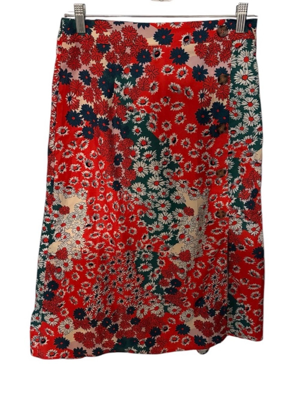 Amazon Red Floral Midi Skirt with Green and Cream Accents